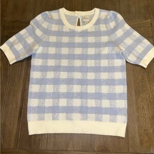Maeve Light Blue and Cream Checkered Knit Top